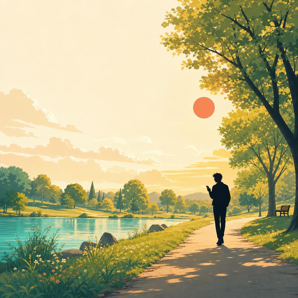 A person taking a walk in the park, phone in hand, free for a call.